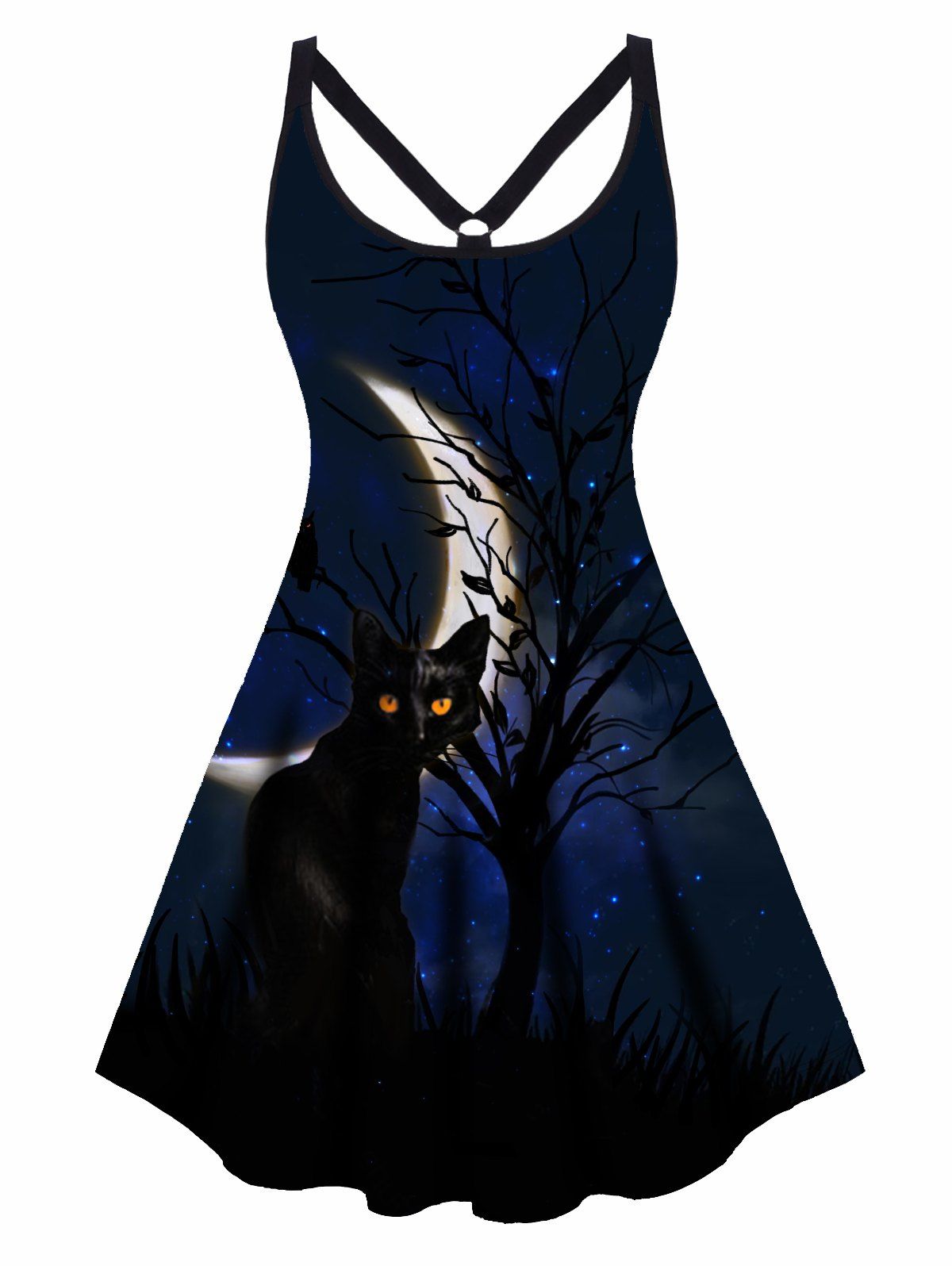 Plus Size & Curve Dress Halloween Black Cat Galaxy Moon Tree Print Mini Dress Sleeveless A Line Cami Dress - BLACK 5X