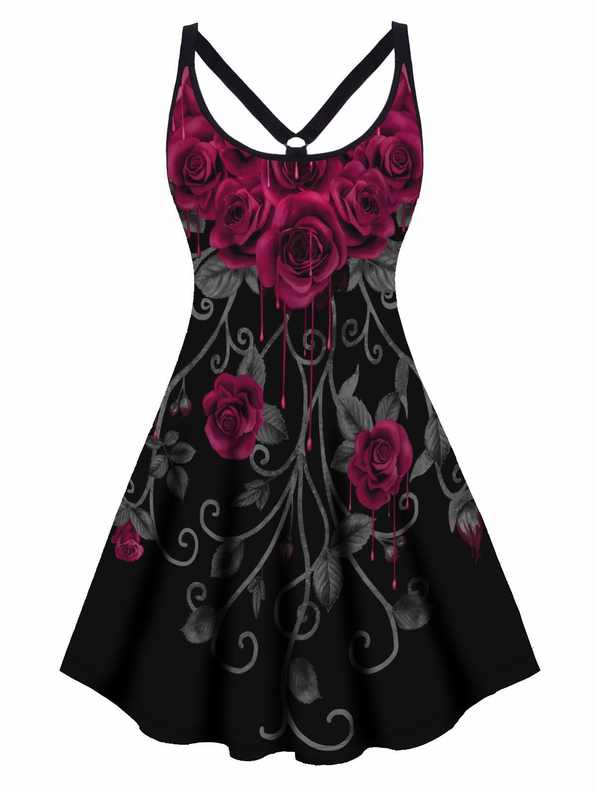 Plus Size Dress Gothic Dress Leaf Rose Print Cut Out High Waisted A Line Mini Dress - BLACK 1X