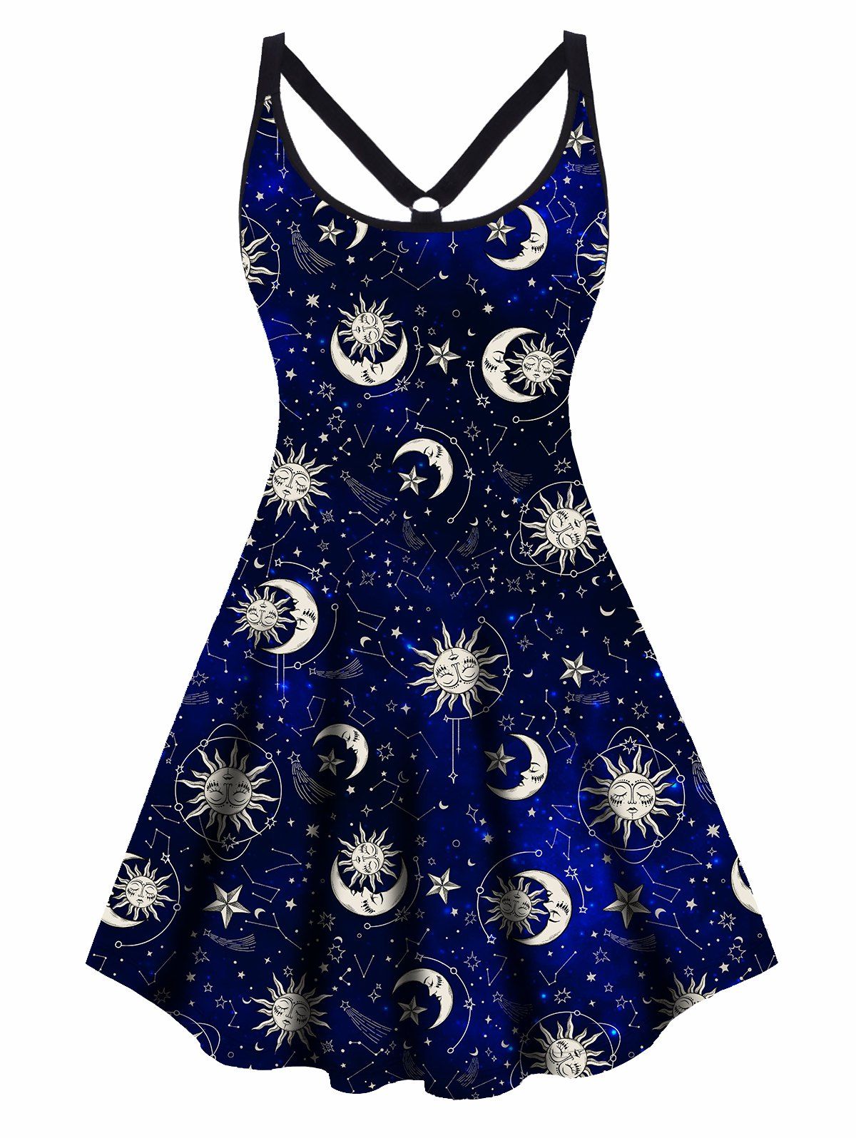 Plus Size Dress Vintage Sun Moon Print Cut Out High Waisted A Line Mini Dress - BLACK L