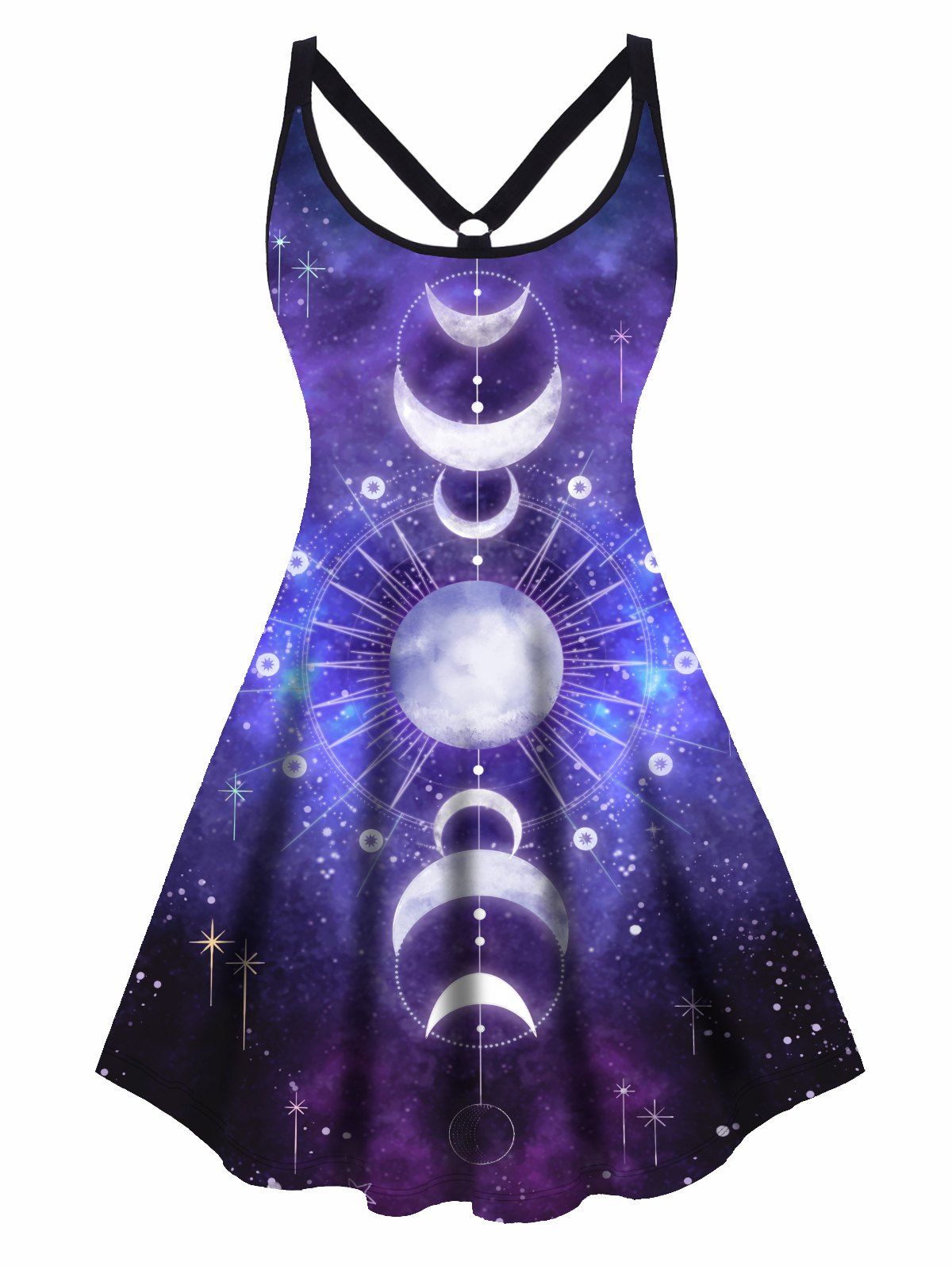 Plus Size Dress Moon Phase Galaxy Print Mini Dress Sleeveless A Line Cami Dress - BLACK L