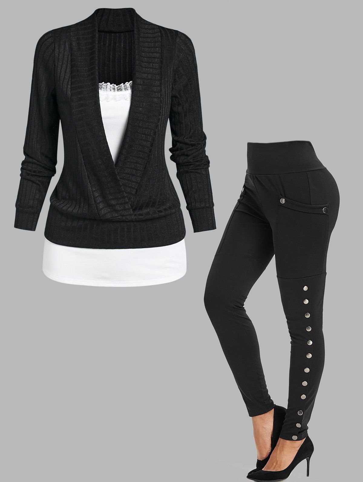 Ribbed Cardigan Lace Insert Cami Top And Pocket Snap Button Side Leggings Casual Outfit - BLACK S