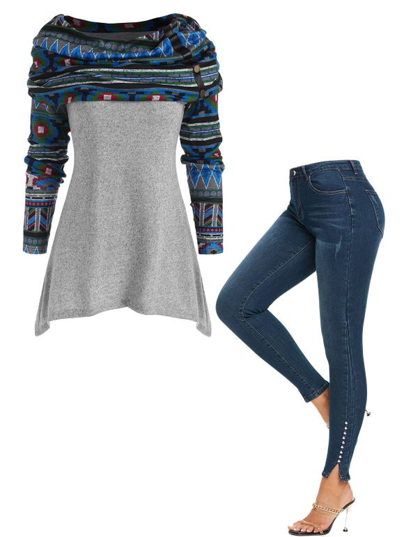 Ensemble de Tricot Pull-over Tribal Fendu Motif Géométrique à Col Bénitier et Jean Moulant Zippé - multicolor S