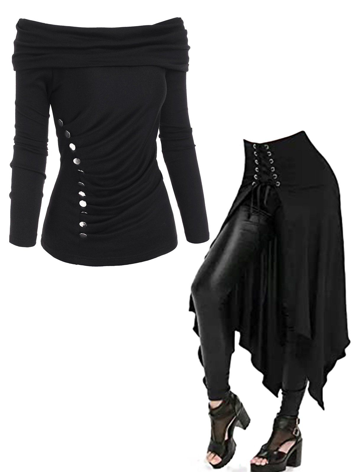 Off Shoulder Foldover Button Embellished Knitwear And Solid Color Open Front Lace Up Irregular Hem Skirt Outfit - BLACK S