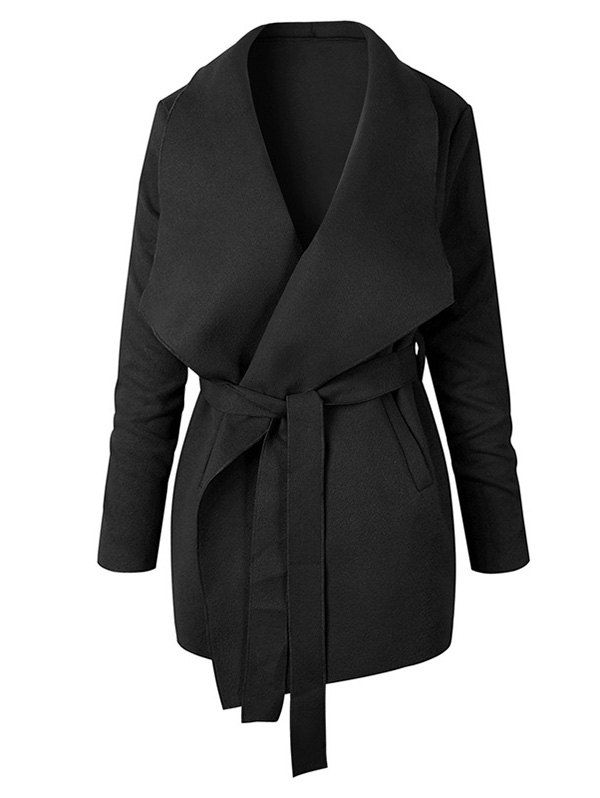 Manteau Ouvert en Avant Simple Ceinturé avec Poche Latérale à Manches Longues - Noir XL