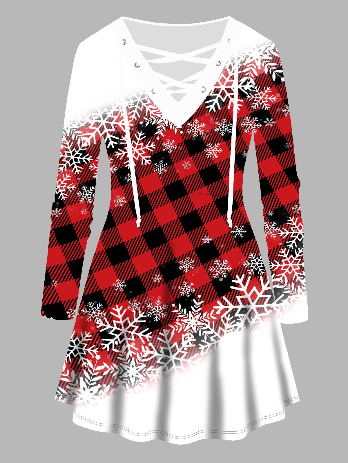 T-shirt de Noël à Carreaux à Imprimé Flocon de Neige de Grande Taille à Lacets - Noir 3X