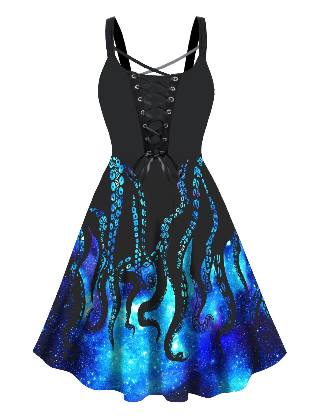 Plus Size Dress Galaxy Octopus Print Lace Up High Waisted A Line Midi Dress - BLACK L