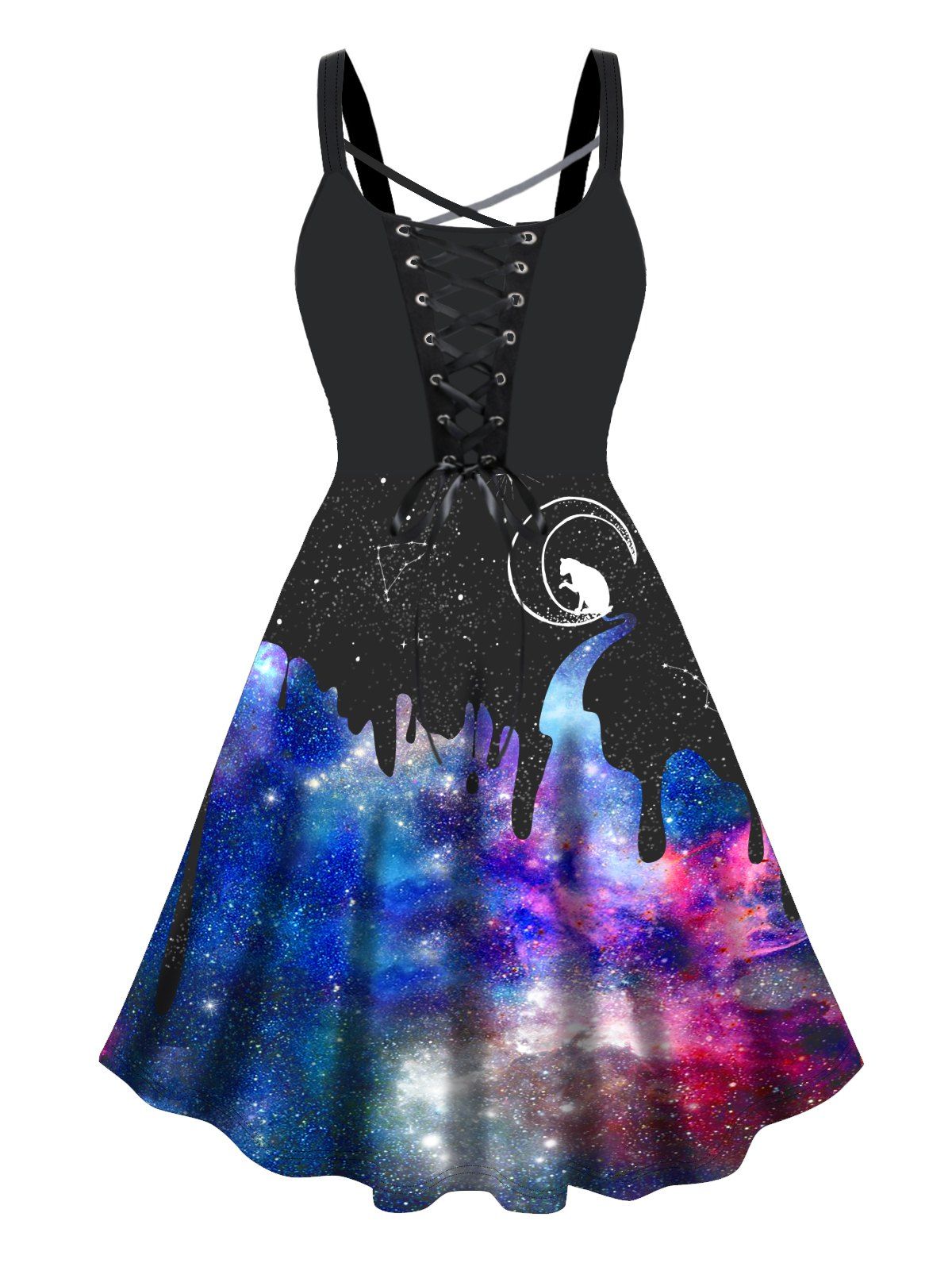 Plus Size Dress Galaxy Print Colorblock Lace Up High Waisted A Line Midi Dress - BLACK 5X