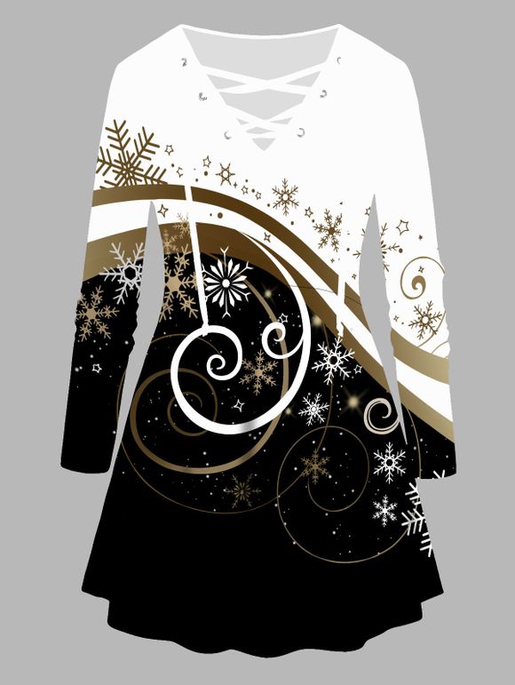 T-shirt Courbe de Noël à Imprimé Flocon de Neige en Blocs de Couleurs à Manches Longues de Grande Taille à Lacets - Noir L