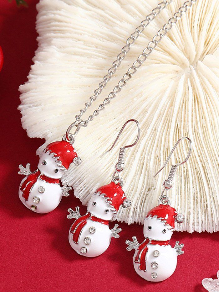 Ensemble de Collier et Boucles D'Oreilles Motif Adorable Bonhomme de Neige de Noël en Strass - Blanc 