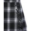 Cold Shoulder Chain Detail Buckle Strap T Shirt And Plaid Print Lace Up Split Skirt Casual Outfit - BLACK S