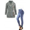 Space Dye Mock Buttons Knit Top And Faux Denim Tirbal 3D Print Jeggings Casual Outfit - multicolor S