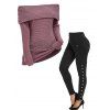 Off The Shoulder Foldover Textured Knitted Sweater And Mock Button Wide Waist Leggings Outfit - multicolor S