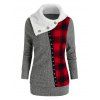 Faux Fur Collar Plaid Patchwork Knitwear And High Rise Pocket Snap Button Skinny Leggings Outfit - multicolor S