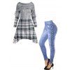 Plaid Print Cinched Foldover Asymmetric Knitwear And 3D Faux Denim Print Jeggings Casual Outfit - multicolor S