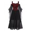Plus Size Gothic Dress Contrast Colorblock Lace Up Butterfly Sleeve Mesh Overlay A Line Midi Dress - RED 4XL