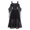 Plus Size Gothic Dress Contrast Colorblock Lace Up Butterfly Sleeve Mesh Overlay A Line Midi Dress - BLACK 2XL