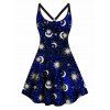 Plus Size Dress Vintage Sun Moon Print Cut Out High Waisted A Line Mini Dress - BLACK L