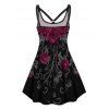 Plus Size Dress Gothic Dress Leaf Rose Print Cut Out High Waisted A Line Mini Dress - BLACK 1X