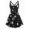 Plus Size Dress Galaxy Vintage Sun Moon Print Cut Out High Waisted A Line Mini Dress - BLACK 5X