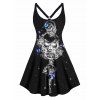 Skull Skeleton Butterfly Flower Print Plus Size Mini Dress Sleeveless A Line Cami Dress - BLACK 3X