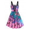 Plus Size Dress Butterfly Printed Lace Up High Waisted A Line Midi Dress - multicolor A L