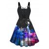 Plus Size Dress Galaxy Print Colorblock Lace Up High Waisted A Line Midi Dress