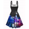 Plus Size Dress Galaxy Print Colorblock Lace Up High Waisted A Line Midi Dress - BLACK L