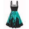 Plus Size Dress Contrast Colorblock Cat Tree Branches Print Lace Up High Waisted A Line Midi Dress - BLACK L