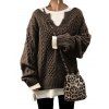 Pull Lâche Brillant en Tricot à Câble à Goutte Epaule à Ourlet Côtelé - Café profond XL