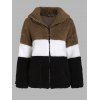 Veste à Capuche Zippée en Blocs de Couleurs avec Poche Manches Longues en Fausse Fourrure - café XXL