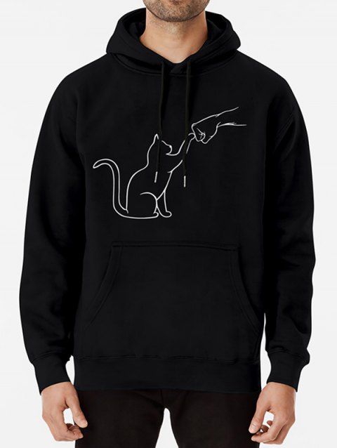 Cat And Fist Print Drawstring Hoodie Kangaroo Pocket Ribbed Hem Hoodie