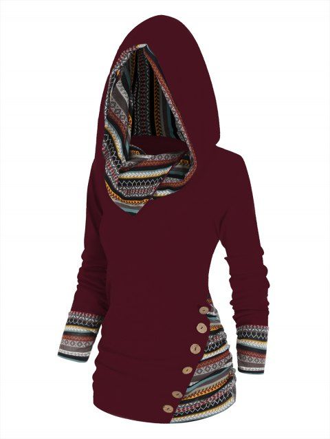 Tribal Geometric Stripe Panel Hooded Knit Top Long Sleeve Mock Button Knitted Top