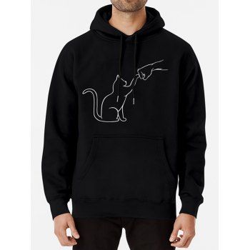 

Cat And Fist Print Drawstring Hoodie Kangaroo Pocket Ribbed Hem Hoodie, Black