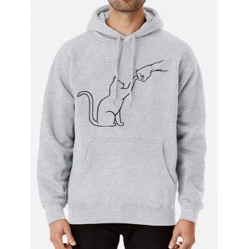 

Cat And Fist Print Drawstring Hoodie Kangaroo Pocket Ribbed Hem Hoodie, Light gray