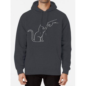 

Cat And Fist Print Drawstring Hoodie Kangaroo Pocket Ribbed Hem Hoodie, Dark gray