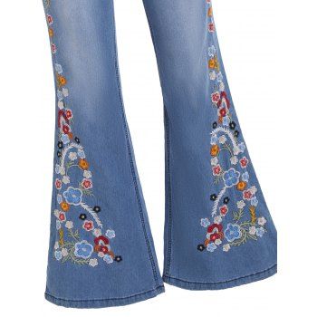 Embroidery Flare Jeans Colored Flowers Zipper Fly Pockets Long Jeans