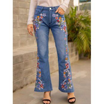 

Embroidery Flare Jeans Colored Flowers Zipper Fly Pockets Long Jeans, Blue