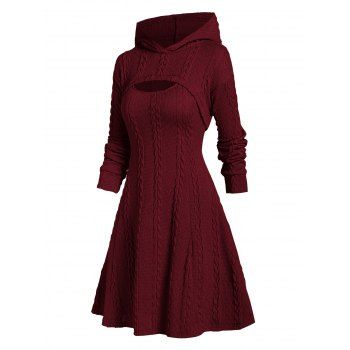 

Hooded Cable Knit Arm Warmer Sweater and Mini Dress Set, Deep red