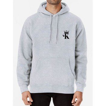 

Letter Crown Print Drop Shoulder Hoodie Kangaroo Pocket Drawstring Ribbed Hem Casual Hoodie, Light gray