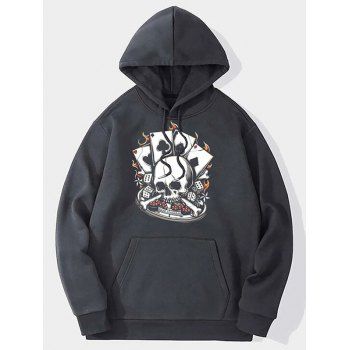 

Skull Playing Card Dice Print Graphic Hoodie Kangaroo Pocket Drawstring Casual Hoodie, Dark gray