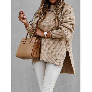 

Solid Color High Low Sweater Side Slit Ribbed Hem Mock Neck Pullover Sweater, Light coffee