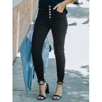

Button Fly Jeans Plain Color Pockets Frayed Hem Long Denim Pants, Black