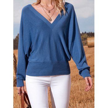 

Plunge Batwing Sleeve Sweater Pure Color Ribbed Hem Knit Sweater, Blue