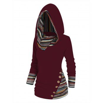 

Tribal Geometric Stripe Panel Hooded Knit Top Long Sleeve Mock Button Knitted Top, Deep red