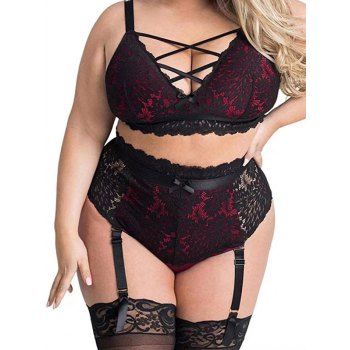 

Plus Size Lingerie Set Colorblock Lace Panel Bowknot Lattice Strap Scalloped Lingerie Set, Red