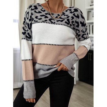 

Leopard Graphic Contrast Colorblock Sweater Drop Shoulder Ribbed Hem Pullover Sweater, Multicolor