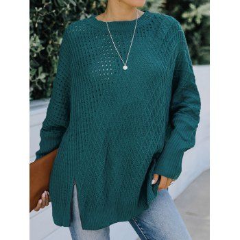 

Plain Color Sweater Hollow Out Textured Zipper Slit Long Sleeve Sweater, Deep green