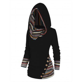 

Tribal Geometric Stripe Panel Hooded Knit Top Long Sleeve Mock Button Knitted Top, Black