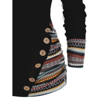 Tribal Geometric Stripe Panel Hooded Knit Top Long Sleeve Mock Button Knitted Top