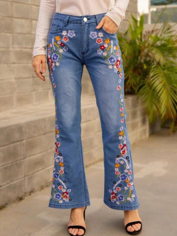 Embroidery Flare Jeans Colored Flowers Zipper Fly Pockets Long Jeans 